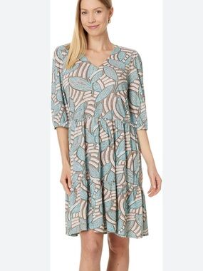 NZT BY NIC +Zoe Mosaic Fern Elbow Sleeve Cotton Blend Dress Size Large